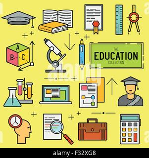 Bildung-Vektor-Icon-Set. eine Sammlung von Studien- und Symbole wie Gegenstände und Werkzeuge. Vektor-Illustration. Stock Vektor