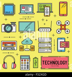 Technologie-Vektor-Icon-Set. Eine Sammlung von moderner Technologie Elemente wie eine CPU, Drohne, TV und mobile Geräte. Vektor Stock Vektor