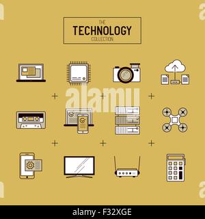 Technologie-Vektor-Icon-Set. Eine Sammlung von gold moderner Technologie Elemente wie eine CPU, Drohne, TV und mobile Geräte. Stock Vektor