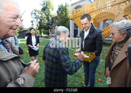 Mailand, Italien. 28. Sep, 2015. Gäste melden sich auf einen Stein während der Einweihung der riesigen Skulptur mit dem Titel "Seidenstrasse auf Golden Bridge", entworfen von dem chinesischen Künstler Shu Yong, auf der Expo Mailand, Italien, 28. September 2015. Die Brücke-Skulptur am Montag auf der Expo Mailand eingeweiht ist 28 Meter lang und aus 20.000 goldene Ziegel die gleiche Größe wie die chinesische Mauer zu machen. Bildnachweis: Str./Xinhua/Alamy Live-Nachrichten Stockfoto