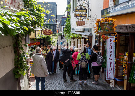 Rüdesheim, beliebtes Touristenziel im mittleren Oberrheingraben, Weindorf, berühmte Altstadt, Drosselgasse, Deutschland Stockfoto