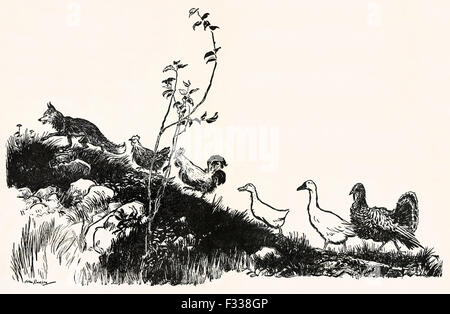 Foxy-Woxy, Cocky locky, Entchen-Daddles, Goosey-Poosey und Türkei-Mauer auf dem Weg, der König von "Henny Penny" im "Englischen Märchen", Illustration von Arthur Rackham (1867-1939) zu sehen. Siehe Beschreibung für mehr Informationen. Stockfoto