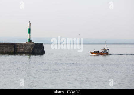 Aberystwyth, Wales, UK. 29. Sep, 2015. Großbritannien Wetter. Ein Fischerboot kehrt mit seinen Fang in den Gezeiten-Hafen von Aberystwyth, auf dem Höhepunkt der "super Tide". Zum Glück, trotz Hochwasserwarnungen an Ort rund um die UK-Küste, die ruhige See und noch Wetter hat geholfen jede Wiederholung in der Küstenstadt Überschwemmungen abzuwenden. Bildnachweis: atgof.co/Alamy Live News Stockfoto