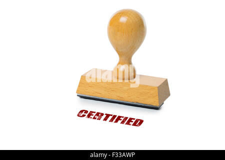 Zertifizierte gedruckt in roter Tinte mit Holz Stempel isoliert auf weißem Hintergrund Stockfoto