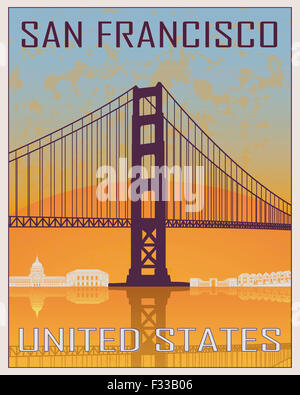 San Francisco Vintage Poster im orangenen und blauen Hintergrund mit weißen Skyiline in bearbeitbare Vektordatei Stockfoto