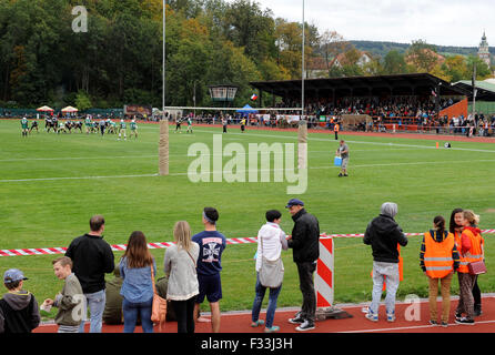 Spiel der US-Truppen Vs Prager Team Black Panthers im American Football nach 70 Jahren in Cesky Krumlov, Tschechische Republik, am 26. September 2015 spielte, um die Momente nach dem Ende des zweiten Weltkriegs zu gedenken. (CTK Foto/Vaclav Pancer) Stockfoto