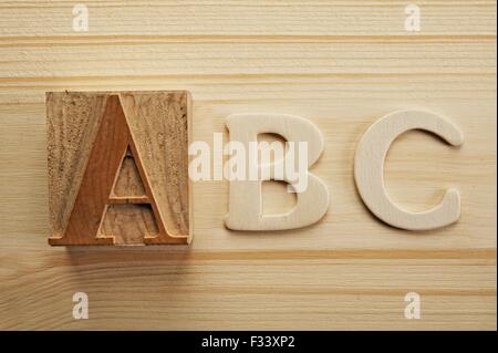 Englische Buchstaben auf hölzernen Hintergrund Stockfoto