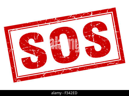 SOS-rotes Quadrat Grunge Stempel auf weiß Stockfoto