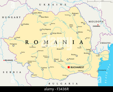 Rumänien politische Karte mit Hauptstadt Bukarest, Landesgrenzen, wichtige Städte, Flüsse und Seen. Englische Beschriftung und Skalierung Stockfoto