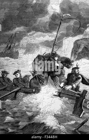 Nach seiner Niederlage bei der Schlacht von Culloden entkam Bonnie Prince Charles Verfolger auf der Isle Of Skye in einem kleinen Boot, verkleidet als die irische Maid Flora MacDonald. Schließlich verließ er das Land an Bord einer französischen Fregatte Ankunft zurück in Frankreich im September 1746. Stockfoto