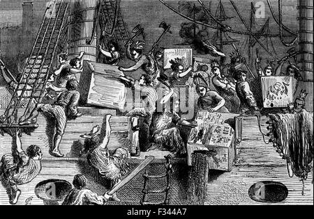 Kontrolle der EAST INDIA Unternehmendie Boston Tea Party war ein politischer Protest durch die Sons of Liberty in Boston, in der britischen Kolonie von Massachusetts, gegen die britische Regierung und die East India Company, die den Tee, die in den Kolonien importiert gesteuert. Am 16. Dezember 1773 nachdem Beamte in Boston weigerte sich, drei Schiffsladungen besteuerten Tee zurück nach Großbritannien, eine Gruppe von Kolonisten an Bord der Schiffe und den Tee durch werfen es in Boston Harbor zerstört. Stockfoto