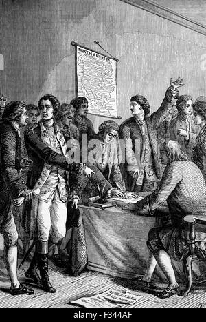 Die Unterzeichnung der amerikanischen Unabhängigkeitserklärung, in Pennsylvania State House. Ein Statement vom Kontinentalkongress am 4. Juli 1776, die angekündigt, dass dreizehn amerikanische Kolonien im Krieg mit Großbritannien, betrachtet sich selbst als unabhängige Staaten nicht mehr einen Teil des britischen Empires. Stockfoto