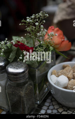 Zuckerdose auf Mosaik-Tisch mit Roh Rohrzucker Würfel und weißen Würfel und Blumen neben Pfeffer shaker Stockfoto