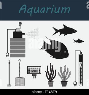 Aquarium. Set1-Werkzeuge für das Aquarium. Zubehör und Fische. Vektor-Icons. Stock Vektor