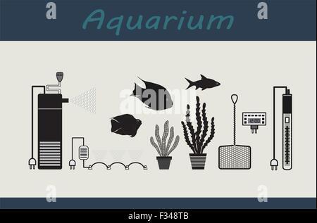 Aquarium. Set2-Werkzeuge für das Aquarium. Zubehör und Fische. Vektor-Icons. Stock Vektor