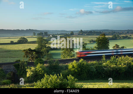 London Waterloo in Exeter Zug vorbei Milborne Docht auf einen nebligen Sommer Morgen, Somerset, England, UK Stockfoto