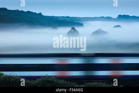 ein Zug vorbei an einem nebligen Morgen in der Nähe von Milborne Wick, Somerset, England, UK Stockfoto