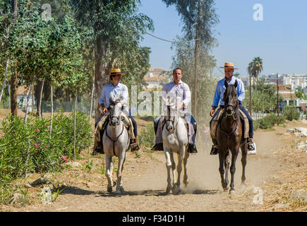 Männer auf Pferden, traditionelle katholische Wallfahrt Romeria Virgen del Rosario, Fuengirola, Andalusien, Spanien. Stockfoto