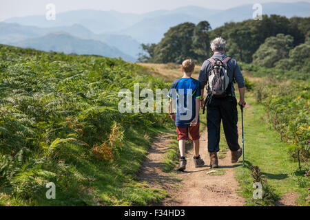Vater und Sohn zu Fuß entlang eines Farns säumten Seenplatte Weg in Richtung des Fells bei Ullswater, in Cumbria im Sommer Stockfoto