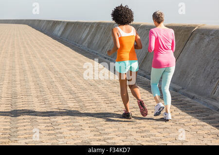 Rückansicht der beiden sportlichen Frauen gemeinsam Joggen Stockfoto