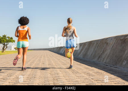 Rückansicht der beiden jungen Frauen zusammen Joggen Stockfoto