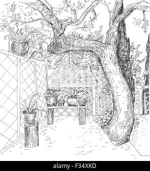 Schwarz / weiß gezeichnet Vektor Handskizze mit niedlichen Outdoor-Gebiet. Sonnigen Sommerterrasse in der Kunst doodle Stil Stift. Stock Vektor