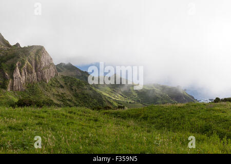 Misty Rocha Dos Bordões, ist eine geologische Formation zeichnet sich durch riesige Säulen aus Basalt, Las Flores Island Azoren Stockfoto