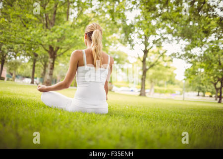 Rückansicht der Frau während der Sitzung in Lotus Pose zu meditieren Stockfoto