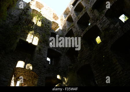 Oxwich Schloss mit seinen umfangreichen Windows befestigten Mauern und Tudor Haus Stockfoto