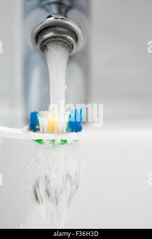 Zahnbürste unter fließendem Wasser aus einem Wasserhahn gespült Stockfoto