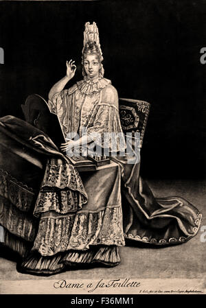 Dame an ihrem Schminktisch 1690 Gravur Ätzen Jacob Gole (1660-1724) Französisch Paris Stockfoto