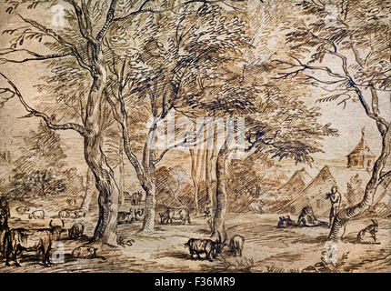 Bewaldeten Landschaft mit Hirten Herden und ein Dorf 1674 Jan Lievens 1607-1674 holländischen Niederlanden zeichnen Stockfoto