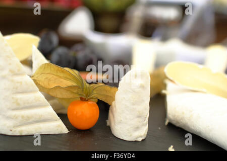 Reihe von Zutaten: Käse, Oliven, Beeren, Saucen, Snacks Stockfoto