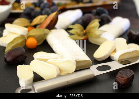 Reihe von Zutaten: Käse, Oliven, Beeren, Saucen, Snacks Stockfoto