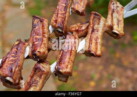 Drei Spieße mit gegrillten Rippchen auf Natur Stockfoto