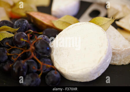 Reihe von Zutaten: Käse, Oliven, Beeren, Saucen, Snacks Stockfoto