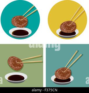 Stück Fleisch hält mit Stäbchen und Shoyu-Sauce im flachen Symbol Stil. Japan, Korea, China-Restaurant-Logo. Stock Vektor