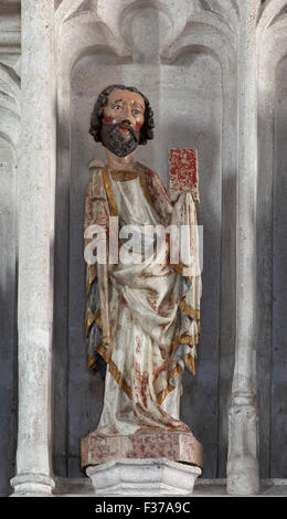 Apostel James größer, gotische Holzplastik, Pfarrkirche Kirche St. Mauritius, Spitz, Wachau, Waldviertel, Niederösterreich Stockfoto