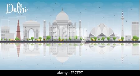 Delhi Skyline mit grauen Wahrzeichen, blauer Himmel und Reflexionen. Vektor-illustration Stock Vektor