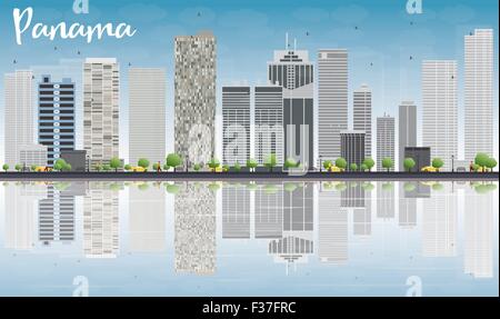 Panama-Stadt Skyline mit grauen Wolkenkratzer, blauer Himmel und Reflexionen. Vektor-Illustration Stock Vektor