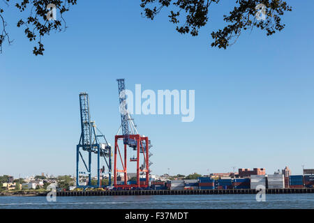 Fracht-Krane, Containertransport Lane, Buttermilk Channel, Brooklyn, NYC Stockfoto