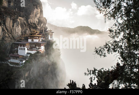 Tiger Nest Kloster (Paro Taktsang) auch bekannt als Taktsang Palphug Kloster im Paro-Tal, Bhutan. Bei Sonnenaufgang genommen. Stockfoto