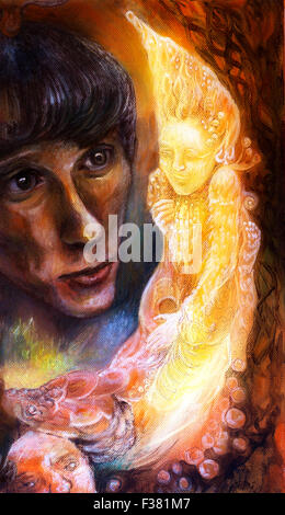 Junger Mann Gesicht erstaunt durch das strahlende Elfen Kreatur, schöne Fantasy bunte Gemälde mit abstrakten Strukturen spielen Stockfoto