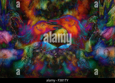 Schöne bunte Gemälde einer strahlenden Fee Smaragd Grün Phoenix Vogel, bunte dekorative Fantasy Malerei Stockfoto