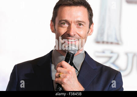 Tokio, Japan. 1. Oktober 2015. Australische Schauspieler Hugh Jackman spricht während der japanischen Premiere für den Film Pan in Roppongi Hills Arena am 1. Oktober 2015, Tokio, Japan. Der Film trifft japanische Theater am 31. Oktober. Credit: Rodrigo Reyes Marin/AFLO/Alamy Live News Stockfoto