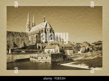 Blick von der alten Stadtbrücke über der Neiße zu Vierraden-Mühle und St. Peters Church, Görlitz, Sachsen, Deutschland, Europa Stockfoto