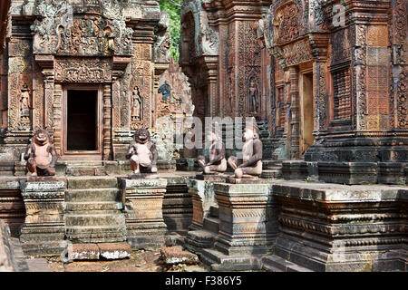 Statuen der Wächter-Affen und verzierte Steinschnitzereien an den Wänden des Banteay Srei-Tempels. Angkor Archäologischer Park, Provinz Siem Reap, Kambodscha Stockfoto