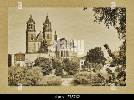 Blick über die Elbe nach der Kathedrale von Magdeburg, Sachsen-Anhalt, Deutschland, Europa Stockfoto