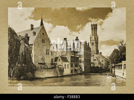 Blick vom Rozenhoedkaai zum Glockenturm, erbaut von 1282 bis 1482, 88 Meter hoch, Brügge, Belgien Stockfoto
