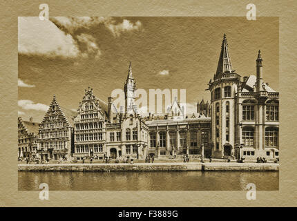 Blick von der Korenlei über den Fluss Lys auf die historischen Häuser der Graslei, Gent, Belgien, Europa Stockfoto